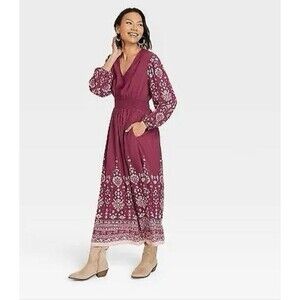 Knox Rose Women Dress L Burgundy Floral Maxi Boho Bohemian Smocked Waist